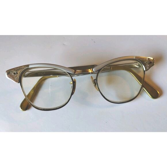Vintage Cat Eye 12K GF & Silver US Optical 5 3/4 Alum 46 Retro Glasses Frames - Picture 1 of 16